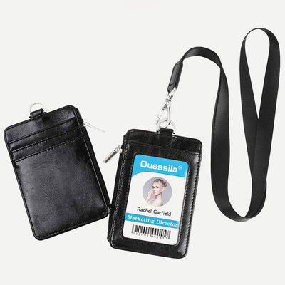 Genuine Leather ID Badge Holder with Vertical Clear ID Window Neck Lanyard