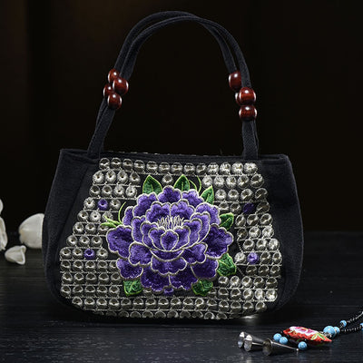 Flower Embroideried Small Canvas Handbag For Women Ethnic Tote