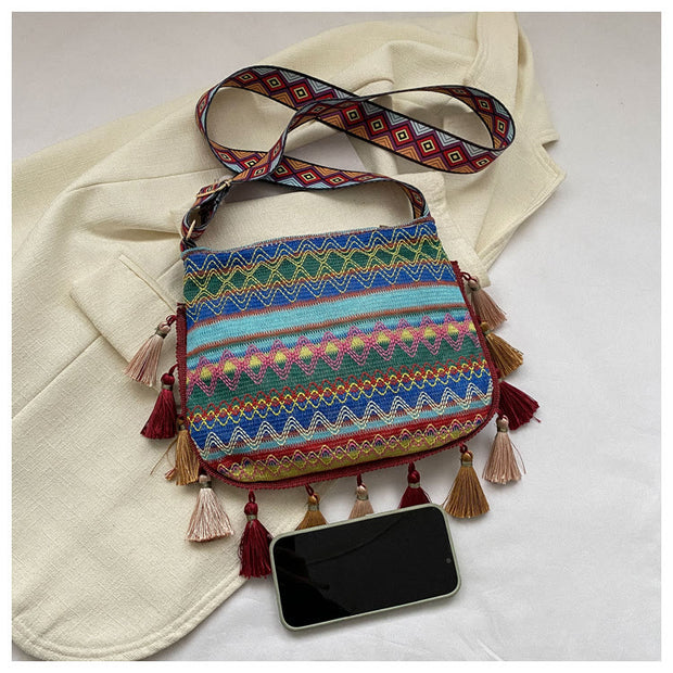 Folk Custom Crossbody Bag Women Tassel Wide Strap Polyester Purse