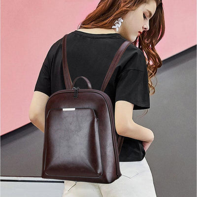 Retro PU Leather Daypack Women Casual Backpack Purse Zipper Shoulder Bags