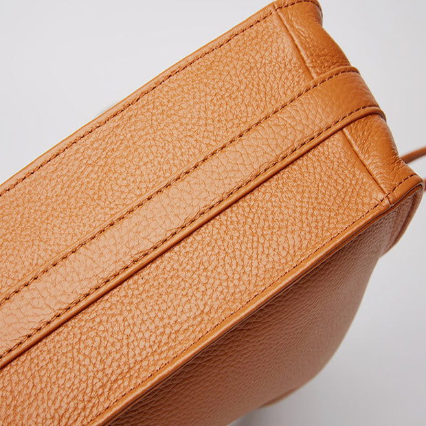 Genuine Leather Drawstring Bucket Bag Crossbody Purse