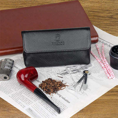 Leather Tobacco Pouch Pipe Carrying Case with 2 Pipe Holder Pocket