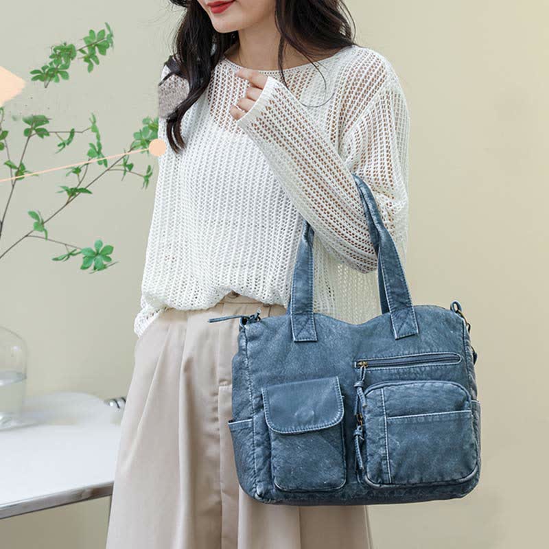 Denim Color Tote Handbags Big Capacity Faux Leather Shoulder Purse