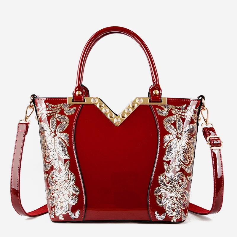 Tote Bag For Women Embroidered Sequin Diamond Patent Leather Handbag