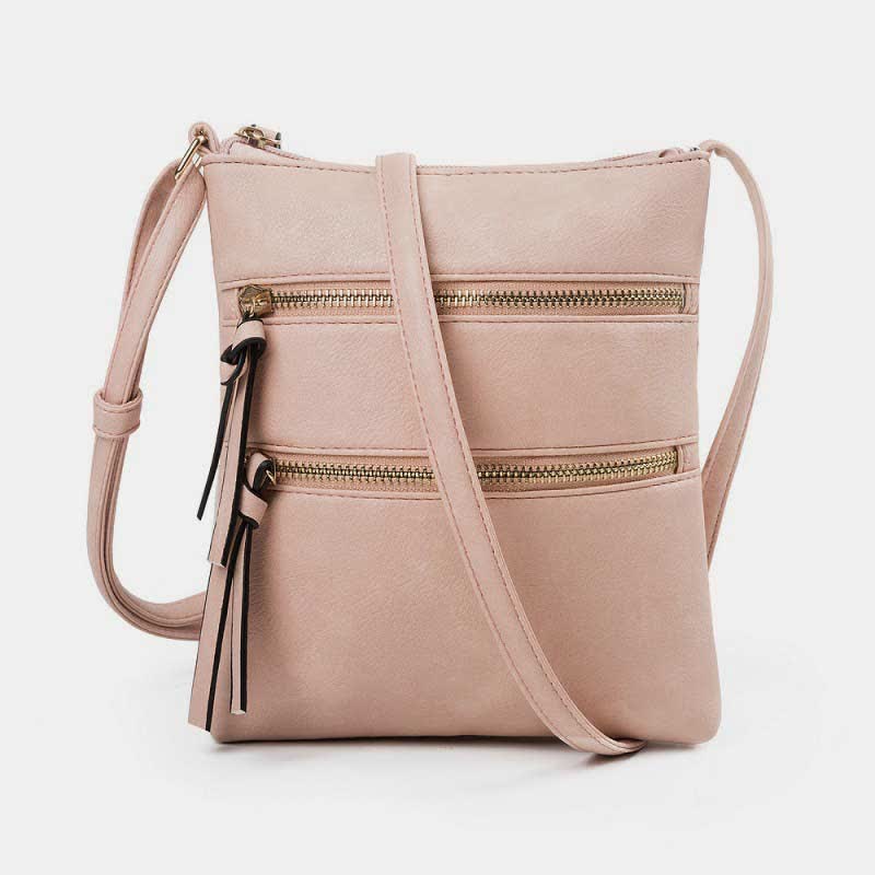 Multifunction Triple Zip Crossbody Bag Trendy Design Leather Shoulder Bag