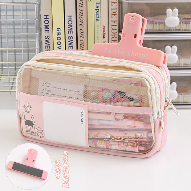 Pencil Case For Students Three Layer Transparent Simple Storage Case