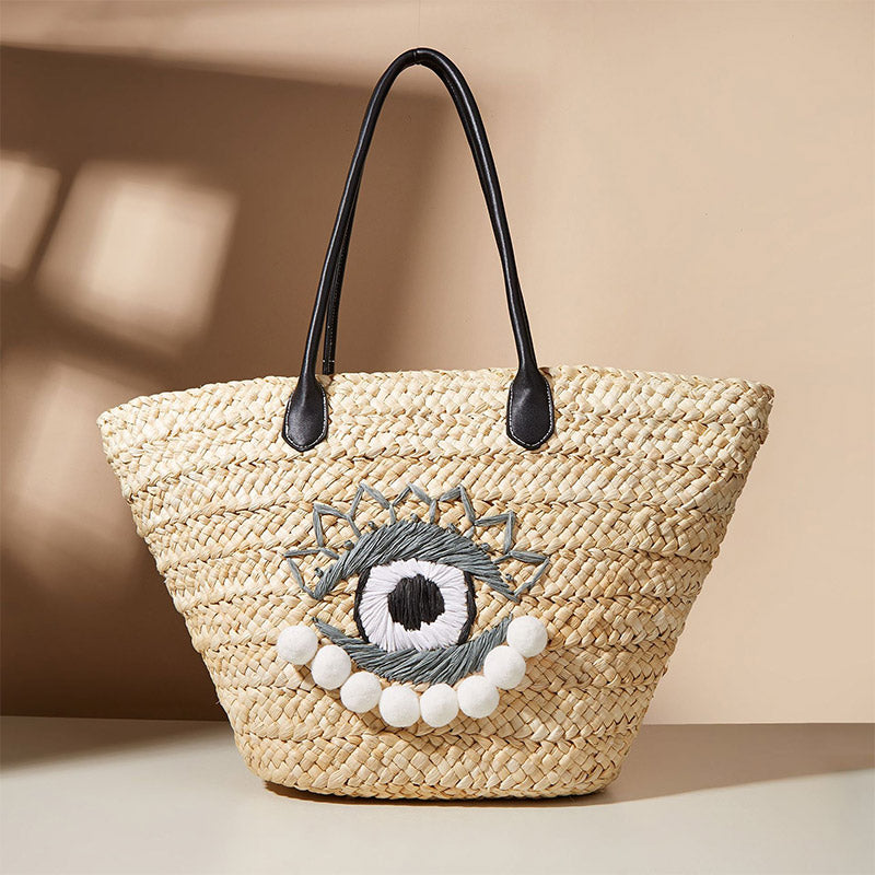 Handmade Evil Eye Straw Woven Handbags Summer Hobo Shoulder Bags Purse