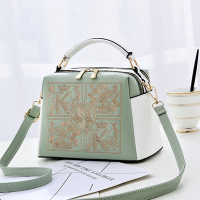 Top-Handle Bag For Women Embroidered Leather Portable Crossbody Shoulder Bag