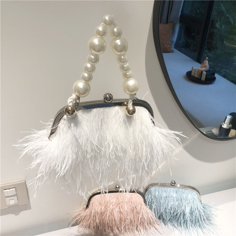 Pearl Chain Crossbody Bag For Women Ostrich Fur Handbag