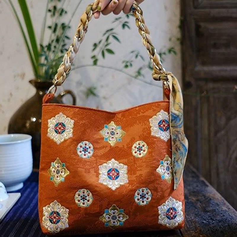 Embroidered Floral Handbag Women Bright Color Soft Underarm Bag