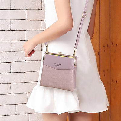 Leather Crossbody Handbag for Women Double Compartment Kiss Lock Shoulder Bag