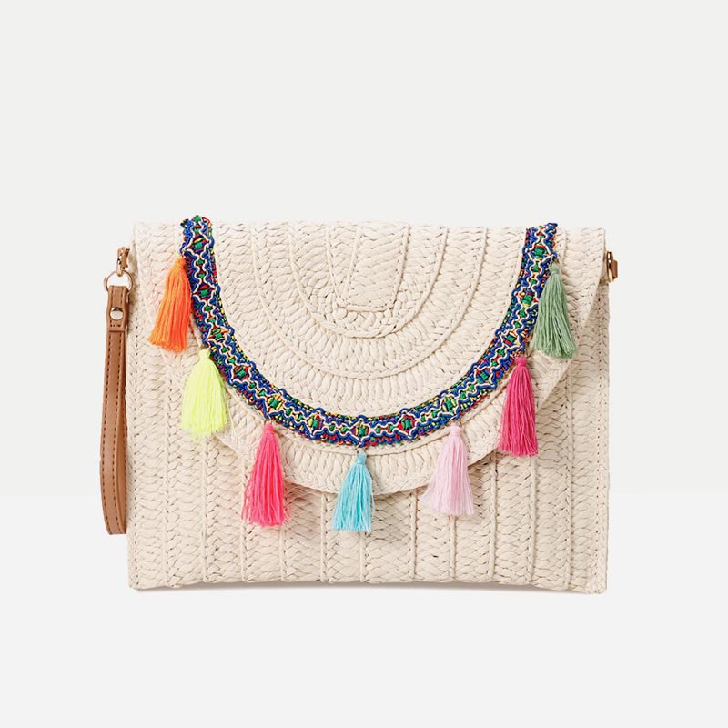 Tassel Beach Clutch for Women Raffia Woven Envelop Bag with Shoulder Strap