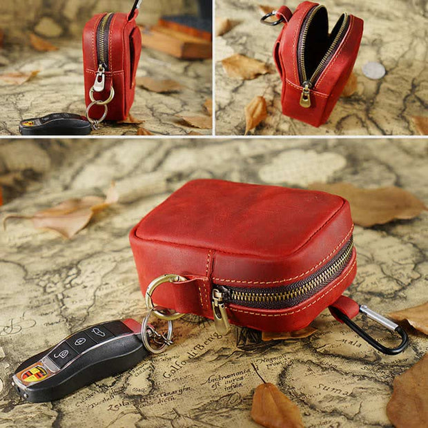 Genuine Leather Zipper Coin Purses Pouch for Women Men with Belt Loop