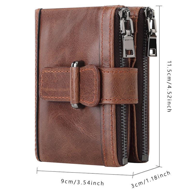 Multi-Slot Genuine Leather RFID Blocking Bifold Wallet with 2 Zip Coin Purse