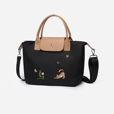 Classic Tote For Women Cute Embroideried Cat Nylon Crossbody Bag