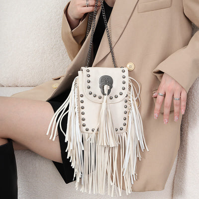 Rivet Tassel Bag For Women Vegan Leather Crossbody Phone Bag