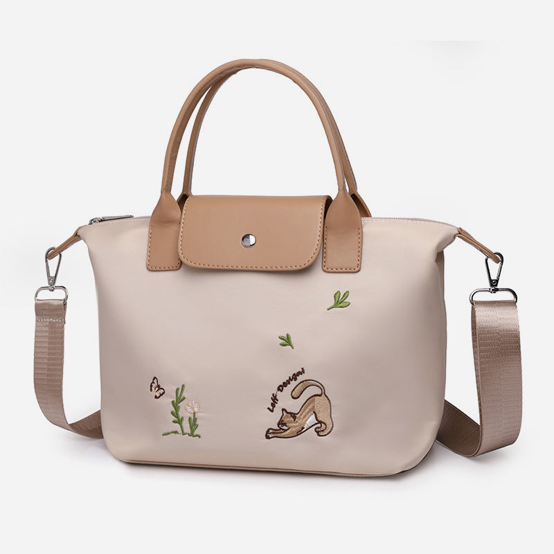 Classic Tote For Women Cute Embroideried Cat Nylon Crossbody Bag