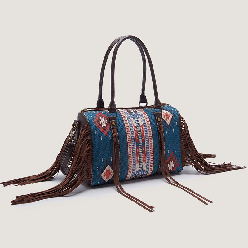 Vintage Hand-woven Boho Tote Tassel Top Handle Satchel with Crossbody Strap