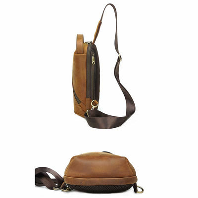 Men's Leather Crossbody Sling Bag Outdoor Travel Chest Bag Shoulder Daypack