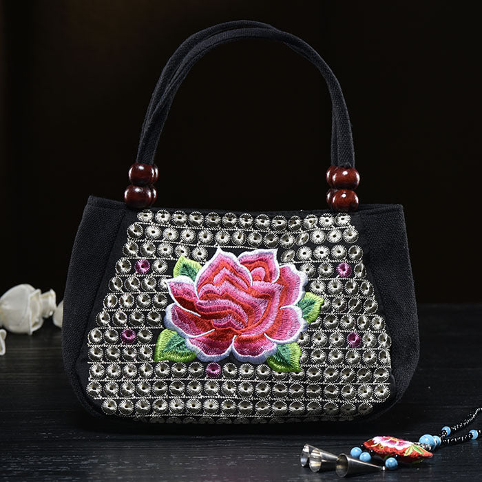 Flower Embroideried Small Canvas Handbag For Women Ethnic Tote