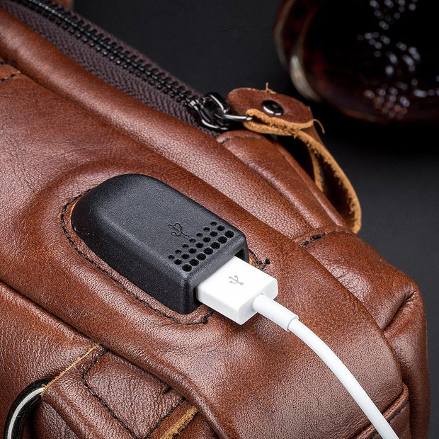 USB Charging Real Leather Sling Bag