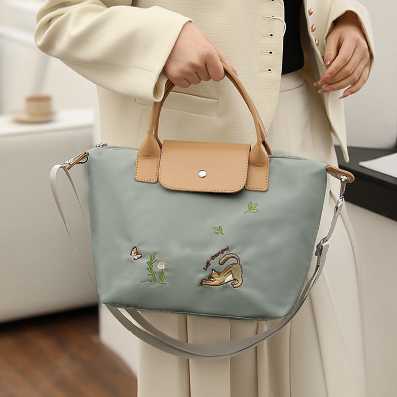 Classic Tote For Women Cute Embroideried Cat Nylon Crossbody Bag