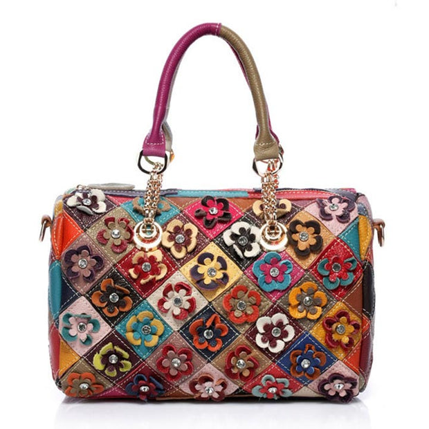 Genuine Leather Multicolor Flower Handbag