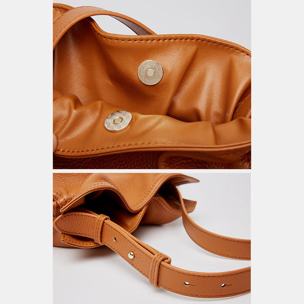 Genuine Leather Drawstring Bucket Bag Crossbody Purse