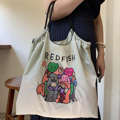 Cute Dog Embroideried Handbag Durable Drawstring Shoulder Bag For Women