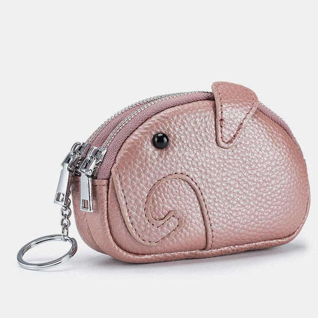 Genuine Leather Cute Elephant Coin Purse Zip Change Wallet Pouch