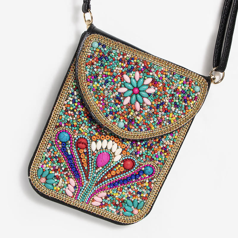 Bohemian Phone Bag Women Shell Flowers Pattern Magnetic Crossbody Bag