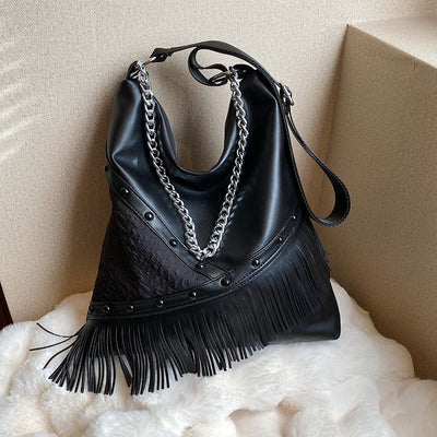 Rivet Tote Bag Women Large Capacity Motorcycle Tassel Chain Bag