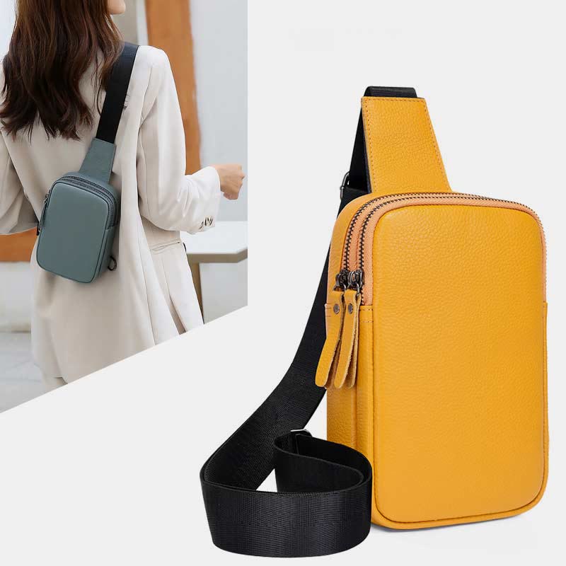 Double Zip Real Leather Sling Bag For Women Waterproof Crossbody Phone Bag