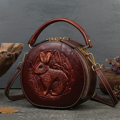 Retro Bunny Embossing Handbag Folk Custom Crossbody Leather Purse