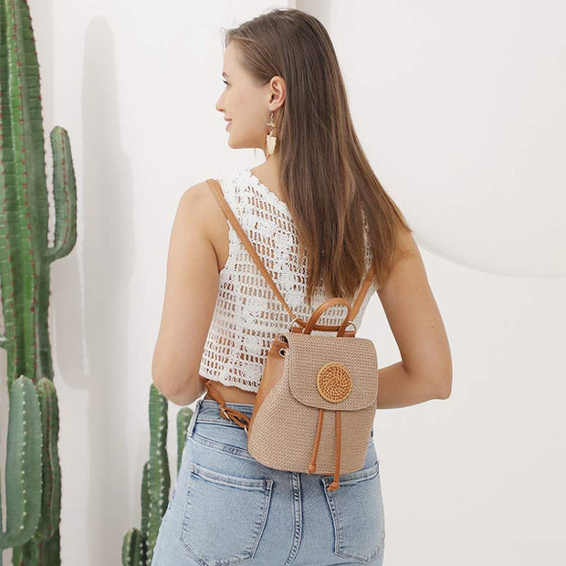 Women Straw Backpack Summer Beach Woven Drawstring Handbag Shoulder Bag