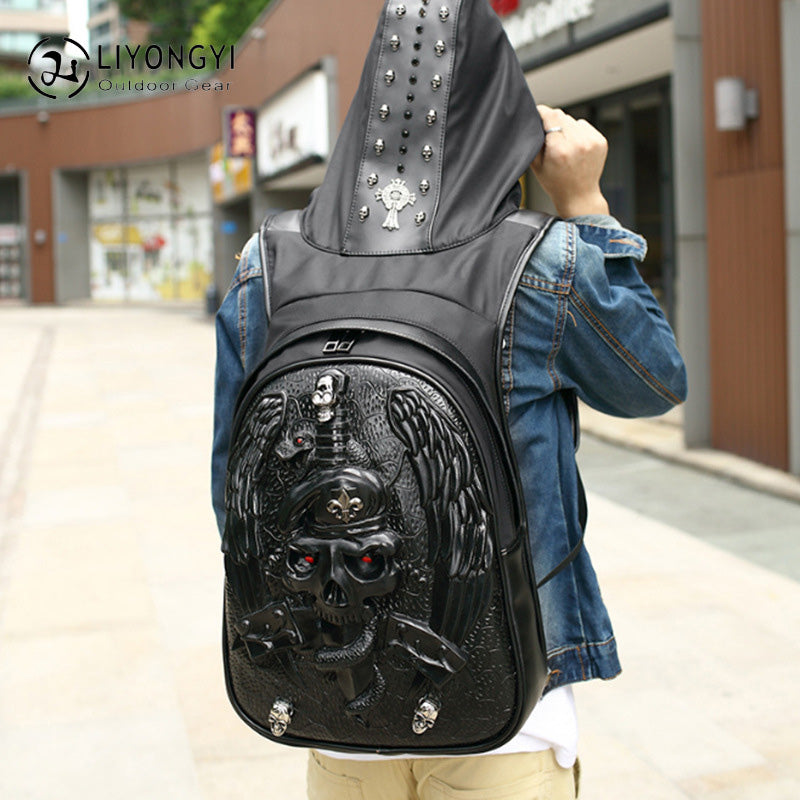 3D Skull Backpack Gothic Rivets Studded Laptop Backpack with Hoodie Cap