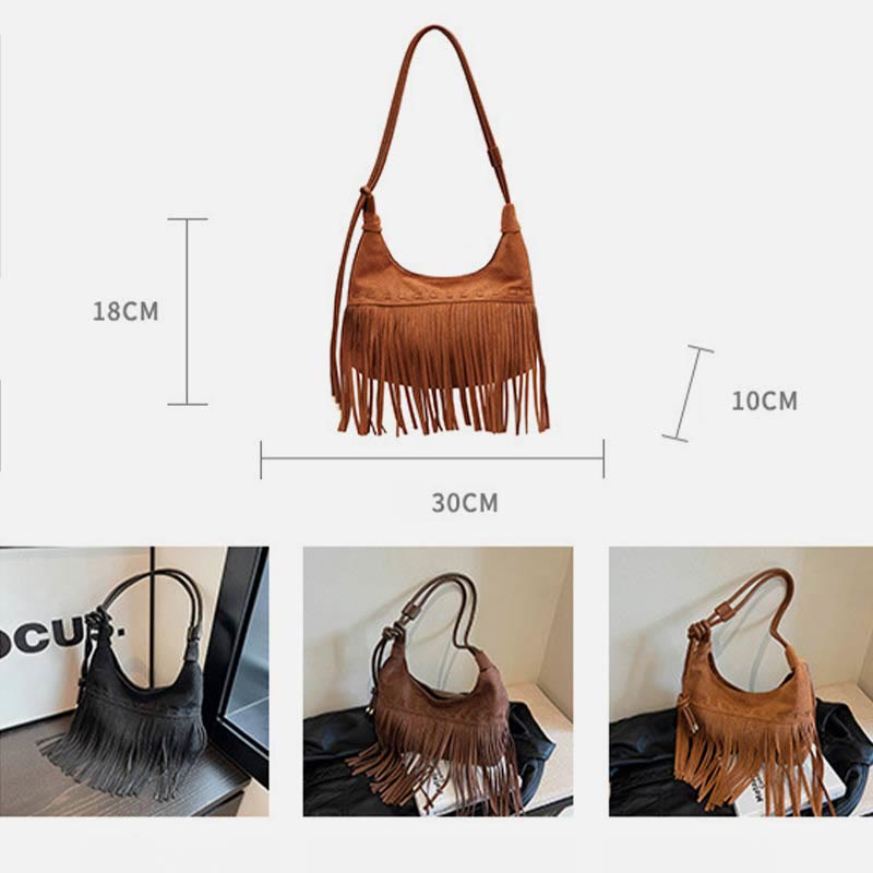 Tassel Underarm Bag For Women Retro Solid Color Shoulder Bag