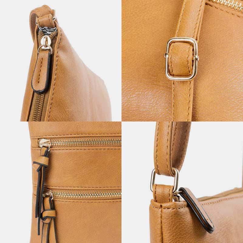 Multifunction Triple Zip Crossbody Bag Trendy Design Leather Shoulder Bag