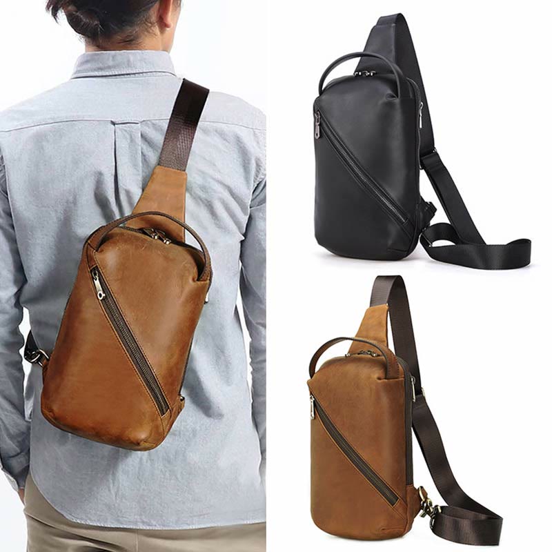 Men's Leather Crossbody Sling Bag Outdoor Travel Chest Bag Shoulder Daypack