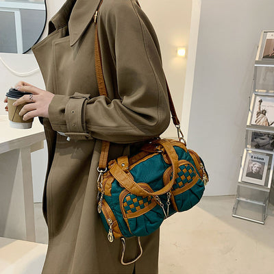 Contrast Color Checkered Handbag For Women Soft Leather Crossbody Bag