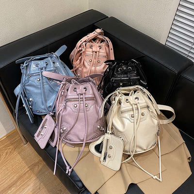 Shoulder Bag for Women Stylish Pleated PU Leather Drawstring Crossbody Bag