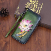 Wallet for Women Multi-Slot Leather Vintage Printing Flower Cash Purse