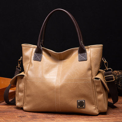 Plain Color Tote Cross Pattern Oil Wax Leather Women Handbag