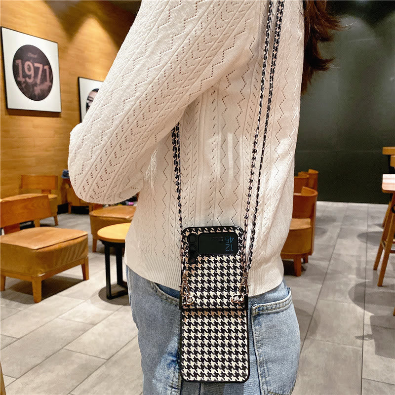 Phone Case for Samsung Galaxy Z Flip Houndstooth Crossbody Strap Case