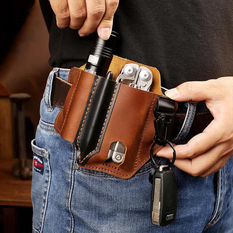 Leather Multitool Sheath for Belt EDC Belt Organizer with Key Holder