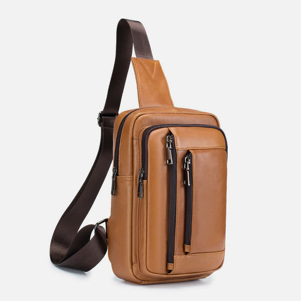 Vintage Genuine Leather Sling Bag Multi Pocket Crossbody Chest Daypack