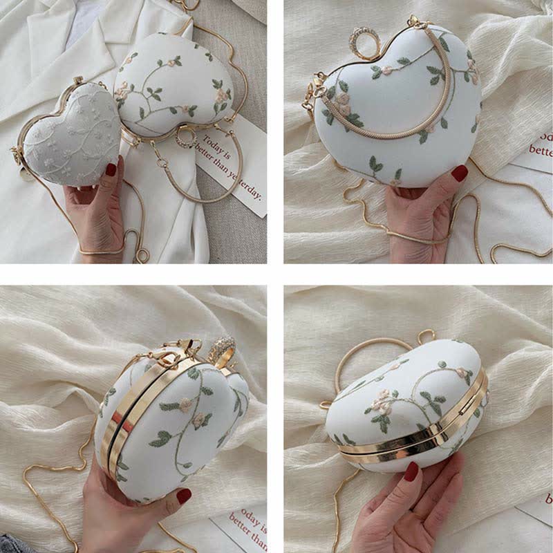 Floral Embroidered Handbag Heart Shaped Evening Bag Clutch with Gold Chain