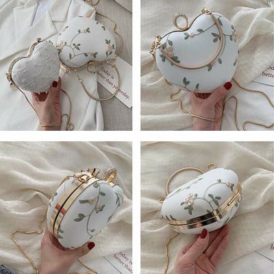 Floral Embroidered Handbag Heart Shaped Evening Bag Clutch with Gold Chain