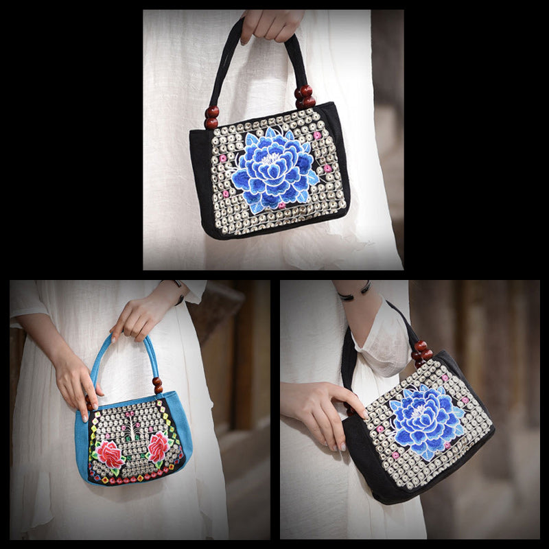 Flower Embroideried Small Canvas Handbag For Women Ethnic Tote