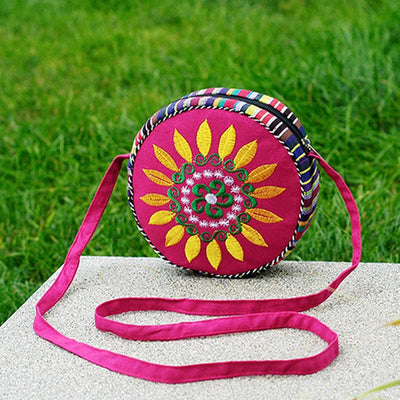 Folk Custom Canvas Bag Women Embroidery Sunflower Small Round Bag